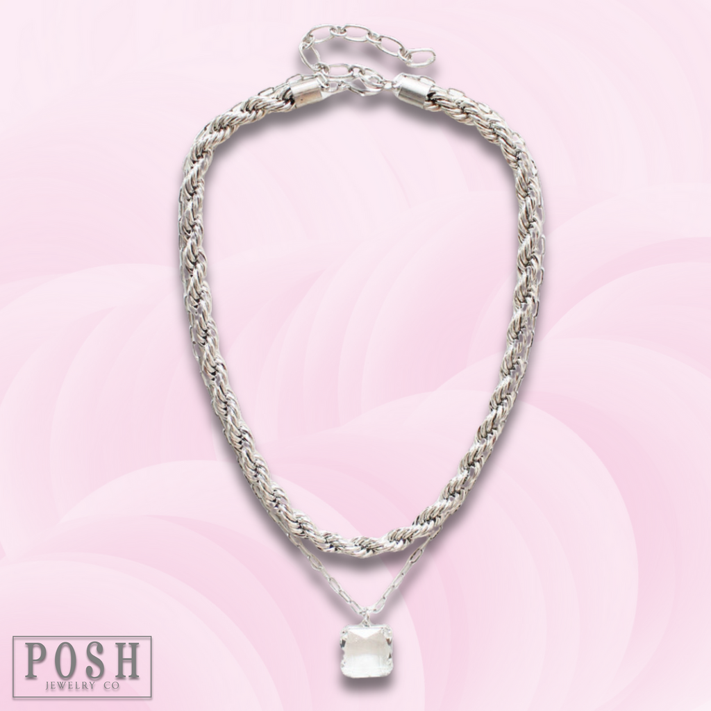 Silver tone double chain necklace, last call